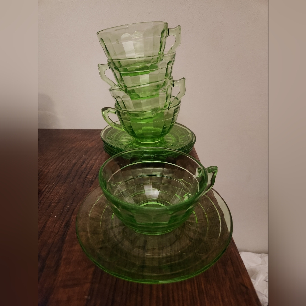 (5) Green Depression Glass Cup and Saucer